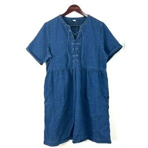 Old Navy Chambray Babydoll Tie Neck Denim Shirt Dress Short Sleeve SZ L 1150R4